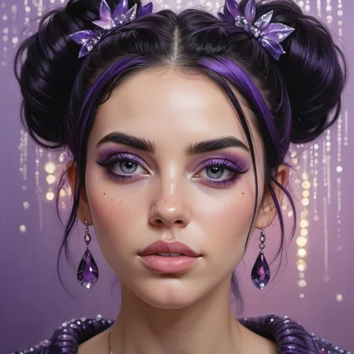 Prompt: hyperrealistic, 8K, oil painting of young woman with vibrant purple and black hair, one ponytail voluminous and tousled, the other messy, adorned with purple accessories, crystals and beads, purple irises with intricate purple patterns and reflections of shapes or symbols, smoky eyeshadow in deep purple and black, glitter or metallic purple eyeshadow, long and voluminous eyelashes, natural eyebrows, glossy purple heart-shaped decoration on the nose, smooth glowing skin, light contouring, neutral lip color, magical or ethereal tear, background of soft bokeh lights, wearing soft black sweater