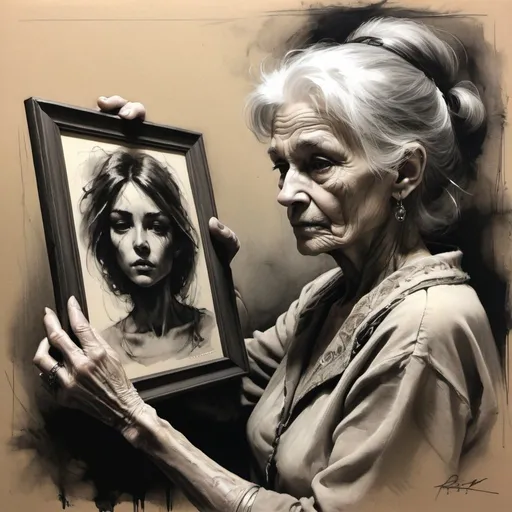 Prompt: Prompt: A mesmerizing charcoal sketch captures a dreamy and fantastical scene, where an elderly woman holds a photograph of her youth that covers half of her face. The contrast between her youthful and aged appearance highlights the passage of time, aging, and the power of memory. The dark fantasy atmosphere blends realism and surrealism, reflecting the journey of life while paying homage to artists like Rolf Armstrong, Frank Frazetta, Jeremy Mann, Carne Griffiths, and Robert