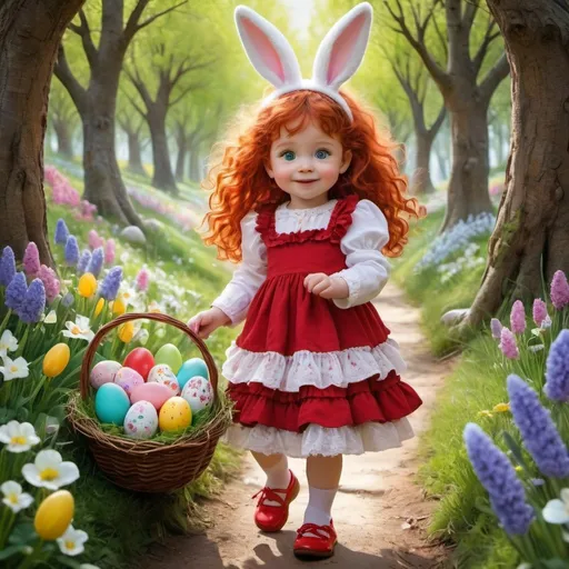 Prompt: pormpt: Create a hyper realistic, Pixar style,whimsical, centered, cute European 2 year old, green eyes, holding an easter basket filled with eggs, long vibrant red curly hair, dressed in bright red and dark green dress with layers of ruffles and lace, matching shoes, hair accesories,prancing down a lane, hiding eggs behind the flowers and trees, background of Fluffy White easter bunny, woods, path and flowers, vibrant colors, vivid details, in the style of Josephine wall.