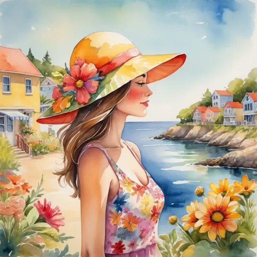 Prompt: Create an image of a woman wearing a  flowered hat enjoying a sunny day, the sun shining on her, vibrant and  colorful that reflects the essence of a quiet coastal town, with  elements of nature, architecture and individuals admiring the beauty  around them. Make sure to incorporate sunlight shining through the  landscape, various floral elements, and unique houses. naive arts. water  color art.