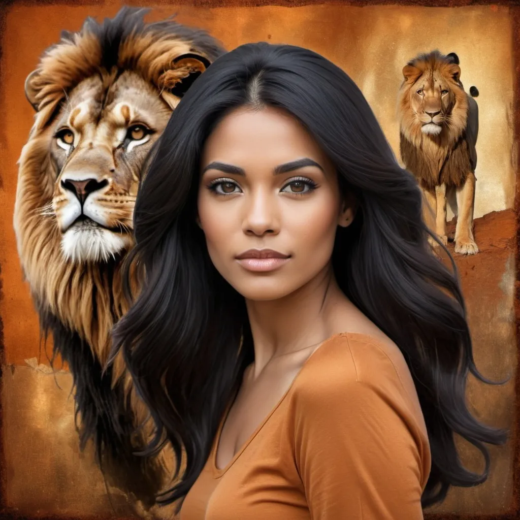 Prompt: Create a hypertealistic image of a beautiful  woman with flowing black hair superimposed against a lion background  in rust, gold and browns