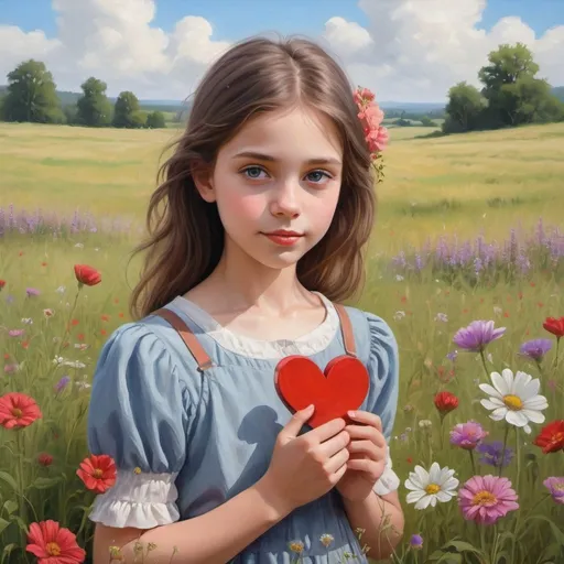Prompt: a painting of a girl in a field with flowers and a heart shaped painting on the wall behind her, artist, metaphysical painting, professional digital painting, a fine art painting