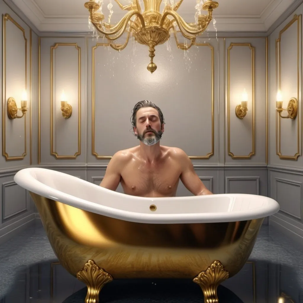 Prompt: Imagine a surreal artwork that combines an oversized, highly detailed glossy golden shoe bath tub with a modern and elegant bathroom setting. a man bathing in the tub his two hands spreading on the bathtub, close up face, filling with water by a intricate tap, water flow to be shown,ultra HD 64k hyperrealism studio lightning