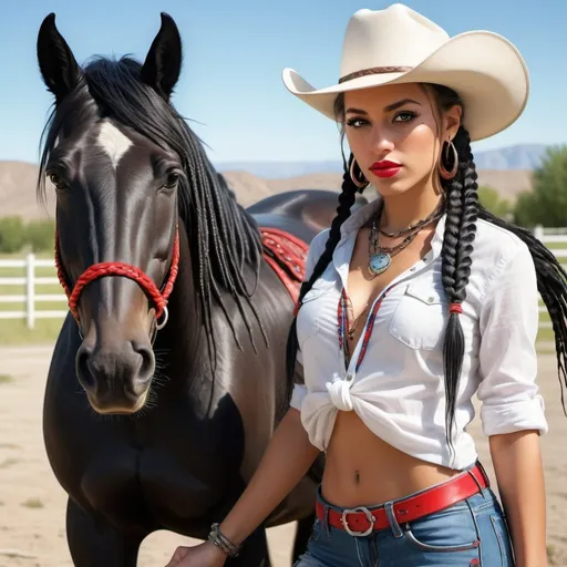 Prompt: Airbrush Painting of A beautiful Horse Ranch landscape colorful and bright, A black  horse with a furry tail. A photo of a Spanish American  woman with light skin tone, full red lips long black lashes, Hazel brown siren eyes, red and black long micro braids, multiple silver necklaces and rings, She's dressed in torn jean white shorts, striped shirt tied in the front, red cowboy boots, white cowboy hat. 4K HDR