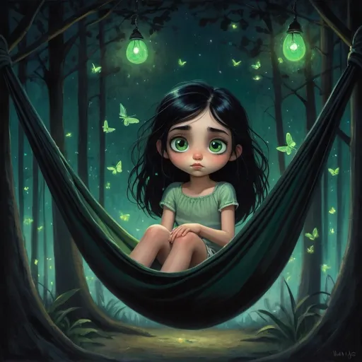 Prompt: a painting of a little girl sitting in a hammock with her big green eyes open, dreaming face and her long black hair tied on top of her head, gothic art, grunge, a fine art painting, Pixar style ,her expression to be serene and dreamy,moonlit night scene,glowing fireflies around the hammock