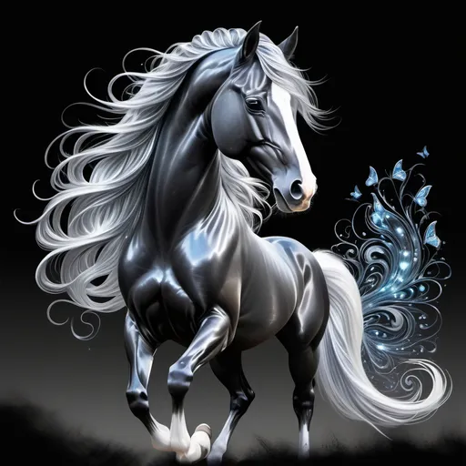 Prompt: Beautiful midnight black horse with ombre-colored highlights, long hair, silver details on its body against a large dark background, shimmering liquid metal velvet mane, liquid metal swirling mesmerizingtail with liquid silver streaks, glittering white diamond accents adorned around the edges of the mane, tail shimmering creating a mesmerizing effect, a flying butterfly next to it, in the style of realistic style, high resolution, very detailed, colorful lights, sparkling stars, a starry sky in the night sky, shining like diamonds, glowing with bright light. 3D, unreal engine, ultra photo realistic, hasselblad, The whole scene is illuminated by soft and warm colors. A magical atmosphere that will inspire people's imagination.