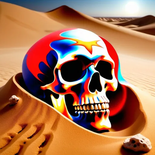 Prompt: imagine the desert sand forming an extraordinarily large screaming skull, hyper detailed with intricate and complex shapes, UHD, ultra realism, digital airbrush art, masterpiece, 32k,the color of the sand to crimson red,the shape of the eye sockets to resemble flames,a sandstorm swirling around the skull, explorers walk around the skull, the explorers look like they're searching for treasure, one of the explorers hold a map or compass, one of the explorers' expressions to be more determined, the other explorers look worried or fearful, the sandstorm to be more intense. Add a few ancient relics buried in the sand. one of the relics glow mysteriously. Add a partially buried statue with missing limbs.the explorers' footprints to be visible in the sand. Add a few scorpions crawling near the footprints.