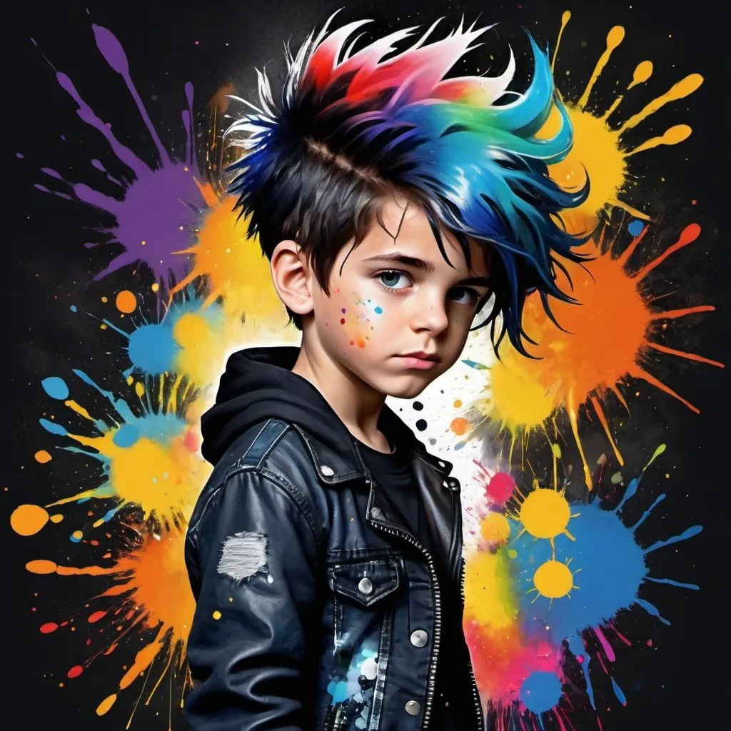 Prompt: "Create a digital artwork of a  boy child with wild, colorful hair, surrounded by an explosion of paint splatters and sparkles. He should be wearing modern dark blue t-shirt, black leather jacket and black ripped jeans. Wearing black boots.."