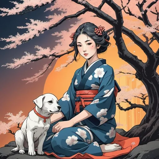Prompt: Create a ukiyo-e image of a beautiful young girl sitting under a tree with a beautiful puppies studio lightning , neon avatar