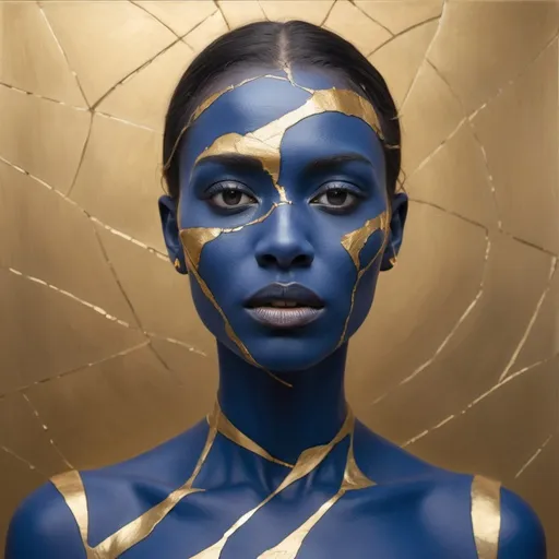 Prompt: A portrait of a woman with matte blue skin adorned with a network of  golden cracks, similar to a lapis lazuli sculpture with gold inlay. Her  expression is bold and confrontational, with a direct gaze that  challenges the viewer. She should have an assertive posture, with her  head tilted slightly and one hand poised thoughtfully near her face. The  background should be a soft gold to enhance the metallic elements of  her form.