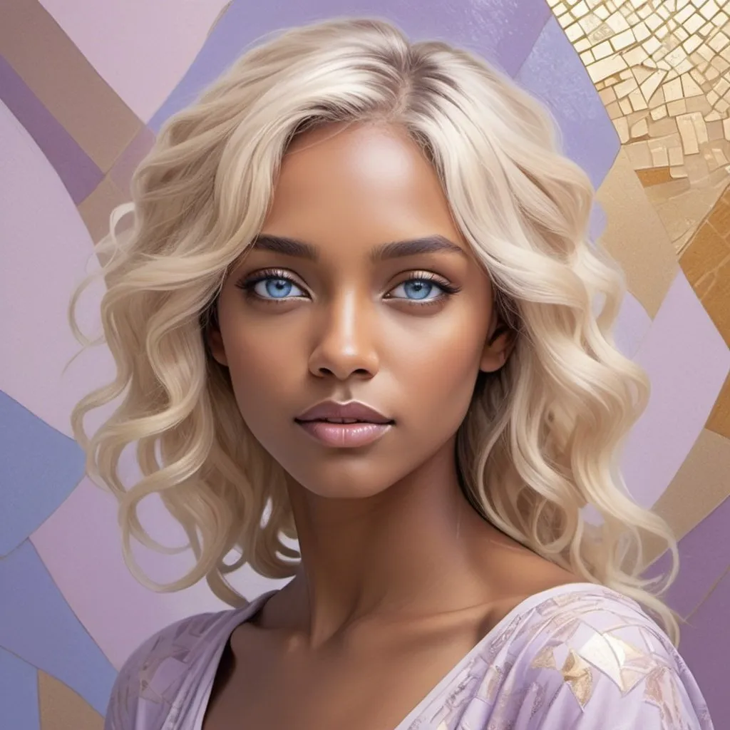 Prompt: a captivating 3D depiction of a stunning blue eyes, gold brown skin woman with platinum blonde wavy hair cascading around her shoulders, adorned in elegant light violet garments, set against a soft pastel backdrop with an ink sketch overlay and mosaic detailing. Emphasize the contrast between light and shadow to create a dynamic and visually compelling composition