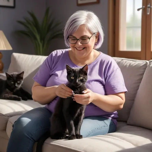 Prompt: 4k glossy oil painting of a joyful middle aged chubby light skin European woman with short straight spiked, silver hair, cut above one ear and have black-rimmed reading glasses. She paints her toenails very carefully. She's wearing a violet cozy T-shirt and cozy pants, in a sunlit living room. Next to her is a cup of coffee with steam rising from it.  A black kitten is sitting next to her. Full body view.