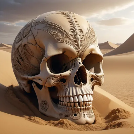 Prompt: imagine the desert sand forming an extraordinarily large screaming skull, hyper detailed with intricate and complex shapes, UHD, ultra realism, digital airbrush art, masterpiece, 32k