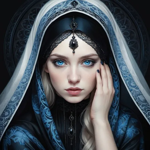 Prompt: a woman with blue eyes and a black veil on her head and a black background with a white and blue pattern, Anna Dittmann, gothic art, highly detailed digital painting, a photorealistic painting