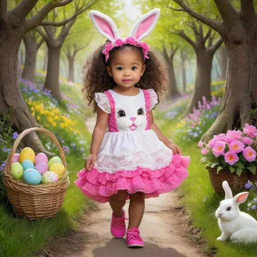 Prompt: pormpt: Create a hyper realistic, whimsical, centered, cute Blasian 2 year old, hazel eyes, holding an easter basket filled with eggs, long dark curly hair, dressed in bright pink and lime green dress with layers of ruffles and lace, matching shoes, hair accesories,prancing down a lane, hiding eggs behind the flowers and trees, background of Fluffy White easter bunny, woods, path and flowers, vibrant colors, vivid details, in the style of Josephine wall
