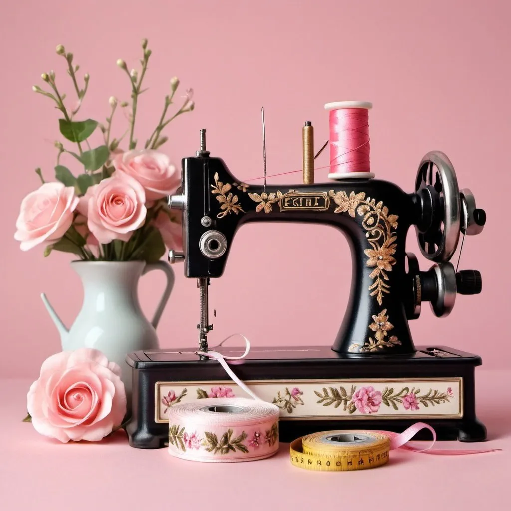 Prompt: Prompt:
Create a 3d image contains a vintage sewing machine with black and gold accents. The machine is decorated with flowers and vines, and a spool of thread is on the needle. The machine is sitting on a table with two pairs of scissors and a tape measure on the table. The background is a pink gradient, and the image has a soft, romantic feel to it and the name ERIKA , spelling correctly over the sewing machine and with some lace details to the sewing machine.