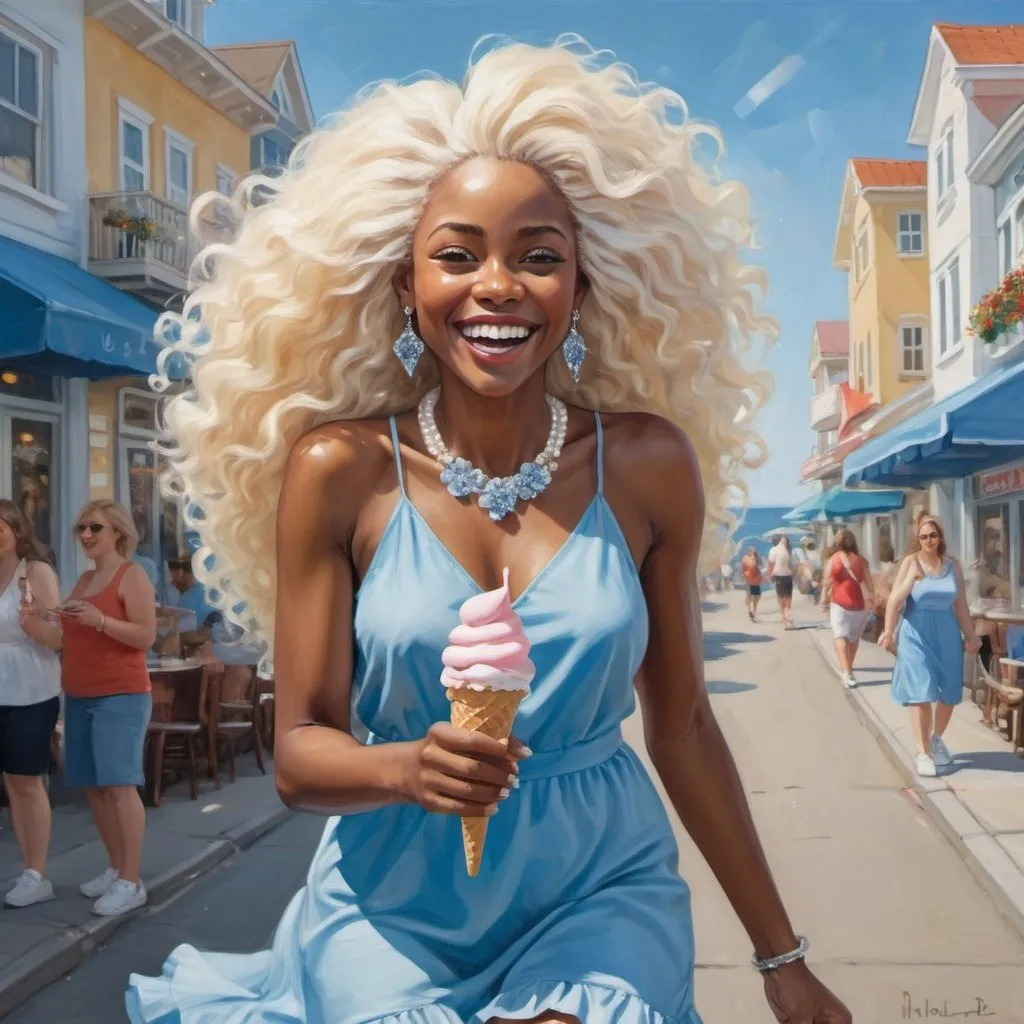 Prompt: Glossy oil painting of a bubbly Afro-European woman with long, flowing platinum blonde hair, embellished with dainty diamond earrings and a pearl necklace. She dons a chic blue sundress with ruffled details and white sneakers, her blue eyes twinkling with joy. This character skips along a sun-kissed boardwalk, her laughter echoing against the backdrop of a bustling seaside town, holding an ice cream cone in one hand.
