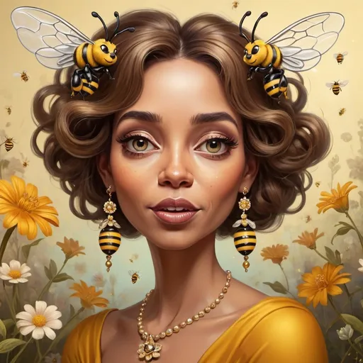 Prompt: Prompt: a piece of artwork that contains a cute caricature bee, a caricature lady, in their hair shiny jewelery, on their face some shiny little rustcolor gems, flowery detailed background, in the style of Richard avedon, powerful and emotive portraiture,  beautifull lighting, 8k resolution ,the bee and lady interact in some way,the bee whispering something in her ear, the lady react with surprise or delight..Include subtle references to nature or mythology.Include flowers or leaves in their hair.