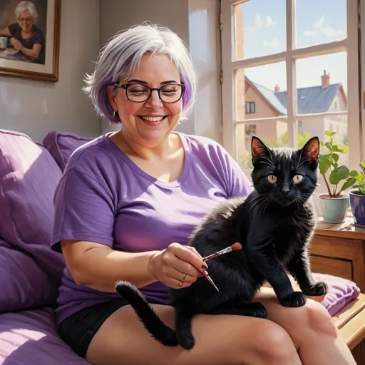 Prompt: 4k glossy oil painting of a joyful middle aged chubby light skin European woman with short straight spiked, silver hair, cut above one ear and have black-rimmed reading glasses. She paints her toenails very carefully. She's wearing a violet cozy T-shirt and cozy pants, in a sunlit living room. Next to her is a cup of coffee with steam rising from it.  A black kitten is sitting next to her. Full body view.