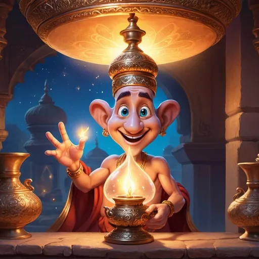 Prompt: 🧞‍♂️ A friendly genie emerges from an ancient lamp, granting wishes with a mischievous twinkle in his eye.