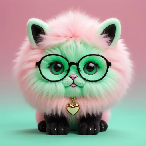 Prompt: Create a digital artwork of a cute, rounded fluffy creature with big green eyes,the fur is on top of the head neon mint green with blach eyebrows, in front of the body is fur light pink and the rest of the body is fur black, with tiny gold fingers and toes,wearing a round glasses and a heart-shaped pendant, set against a pink background with white sparkles