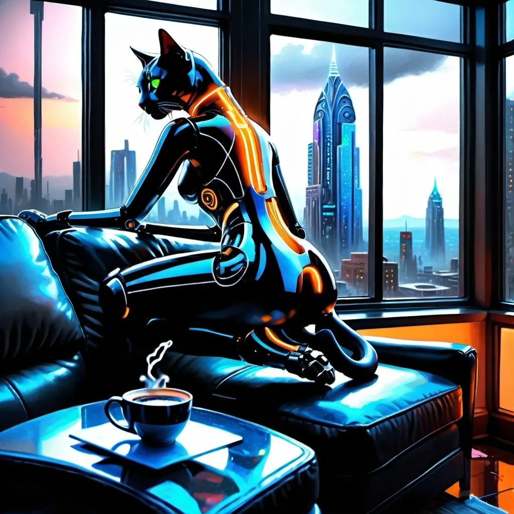 Prompt: a painting of a woman sitting on a couch with a cat and a cup of coffee in front of a window, Anne Stokes, computer art, highly detailed digital painting, cyberpunk art, it's a rainy day outside the window, the dog it's a robotic companion, the woman's clothing it's futuristic,the window view to a futuristic cityscape, with neon signs outside the window, ultra detail, 4k, perfect details, hyper realistic, 3d, --aspect 7:4