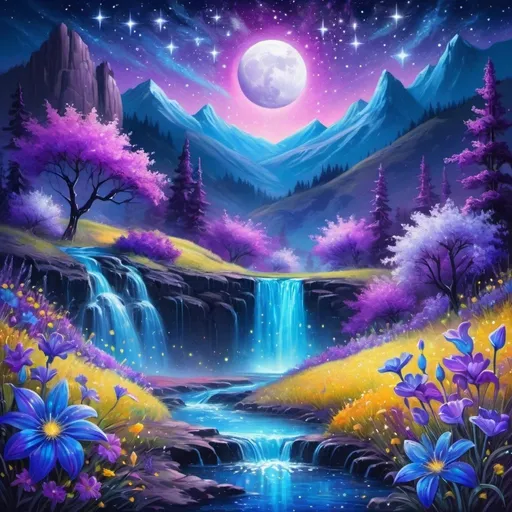 Prompt: Prompt: glowing images of a fantastic valley with funky flora and colors. Iridescent starry night with a shimmer moon. colorful flowers of the  hills. a waterfall sparkling foam in the background. with splashes. The whole scene is painted with vibrant and luminescent bright fluorescent mesmerizing blue silver and purple