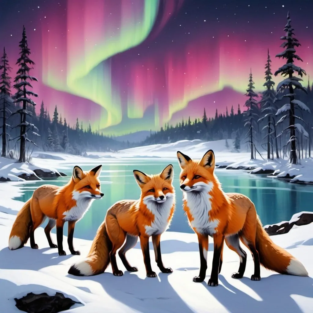 Prompt: Paint a winter landscape with a pack of foxes admiring the aurora borealis