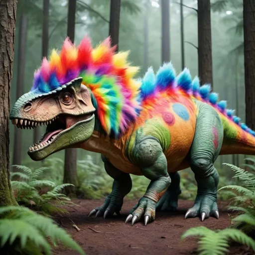 Prompt: A dinosaur with colorful, fluffy fur in the forest