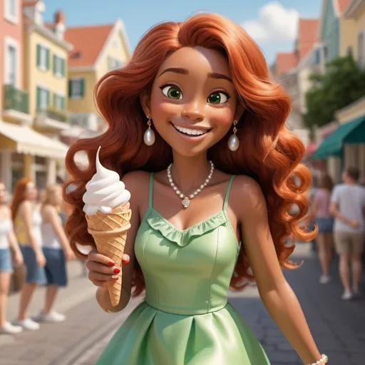 Prompt: Glossy Pixar style of a bubbly gold brown skin European woman with long, flowing vibrant red hair, embellished with dainty diamond earrings and a pearl necklace. She dons a chic green sundress with ruffled details and white sneakers, her green eyes twinkling with joy. This character skips along a sun-kissed boardwalk, her laughter echoing against the backdrop of a bustling seaside town, holding an ice cream cone in one hand.