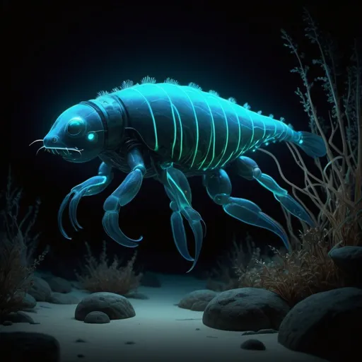 Prompt: Bioluminescent Features: Animals that emit light, creating a magical atmosphere especially at night, 3D, 48K resolution