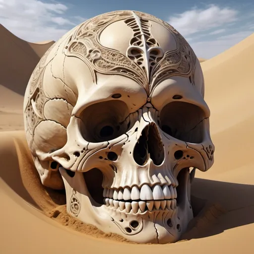 Prompt: imagine the desert sand forming an extraordinarily large screaming skull, hyper detailed with intricate and complex shapes, UHD, ultra realism, digital airbrush art, masterpiece, 32k