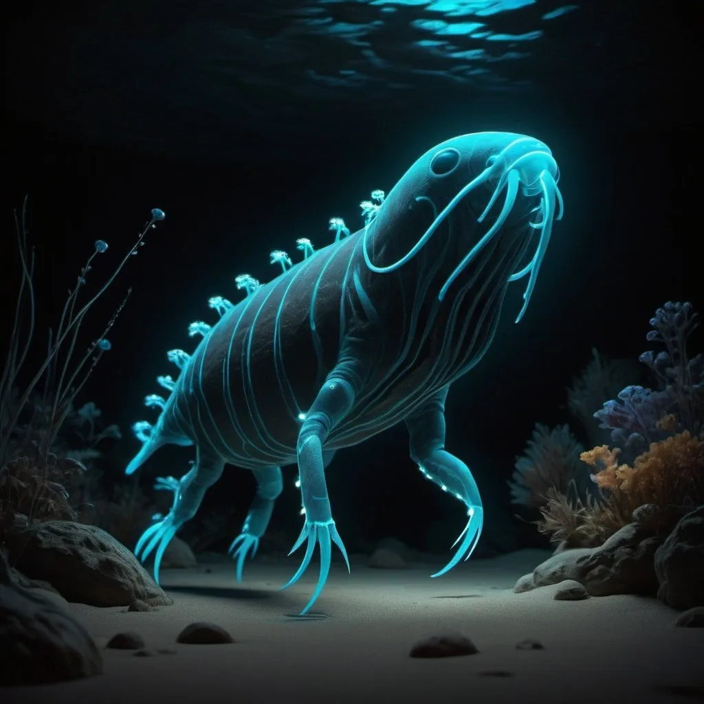 Prompt: Bioluminescent Features: Animals that emit light, creating a magical atmosphere especially at night, 3D, 48K resolution