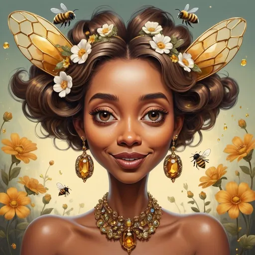 Prompt: Prompt: a piece of artwork that contains a cute caricature bee, a caricature lady, in their hair shiny jewelery, on their face some shiny little rustcolor gems, flowery detailed background, in the style of Richard avedon, powerful and emotive portraiture,  beautifull lighting, 8k resolution ,the bee and lady interact in some way,the bee whispering something in her ear, the lady react with surprise or delight..Include subtle references to nature or mythology.Include flowers or leaves in their hair.Add a touch of surrealism to the artwork.Add unexpected elements to the background.