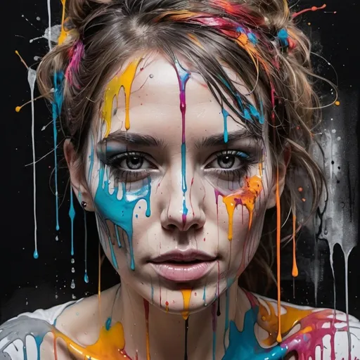 Prompt: a woman with a face painted with colorful paint and dripping water on her face, with a black and white background, Carne Griffiths, analytical art, tristan eaton, graffiti art