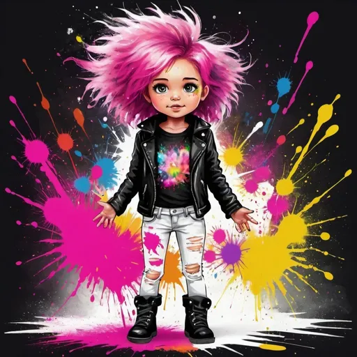 Prompt: "Create a digital artwork of a  girl child with wild, colorful hair, surrounded by an explosion of paint splatters and sparkles. She should be wearing modern dark pink t-shirt, black leather jacket and white ripped jeans. Wearing black boots.."