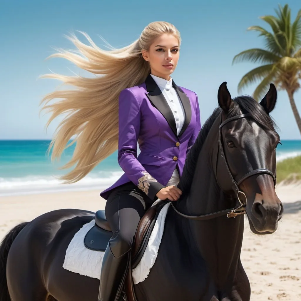Prompt: Create a 8K 300 DPI sleek and polished image, realistic style, with high gloss effect of a full-length portrait of a confident beautiful olive skin European woman, with long straight white/blonde hair styled in a high ponytail. She's dressed in a fitted black, purple  and white riding jacket and jodhpurs.She riding majestically magnificent black stallion with a long gorgeous flowing mane and tail on a sandy beach with palm trees and coconut trees.The background depicts a blue, green turquoise sea with sparkling waves.