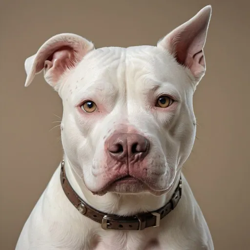 Prompt: A photorealistic portrait of a white pitbull with a distinct patch above one eye, captured in high resolution 8k, natural lighting emphasizing the dog's features, fur texture, and eye detail, set against a neutral background to highlight the subject's unique marking and expression. --s 150 --ar 1:1 --c 15