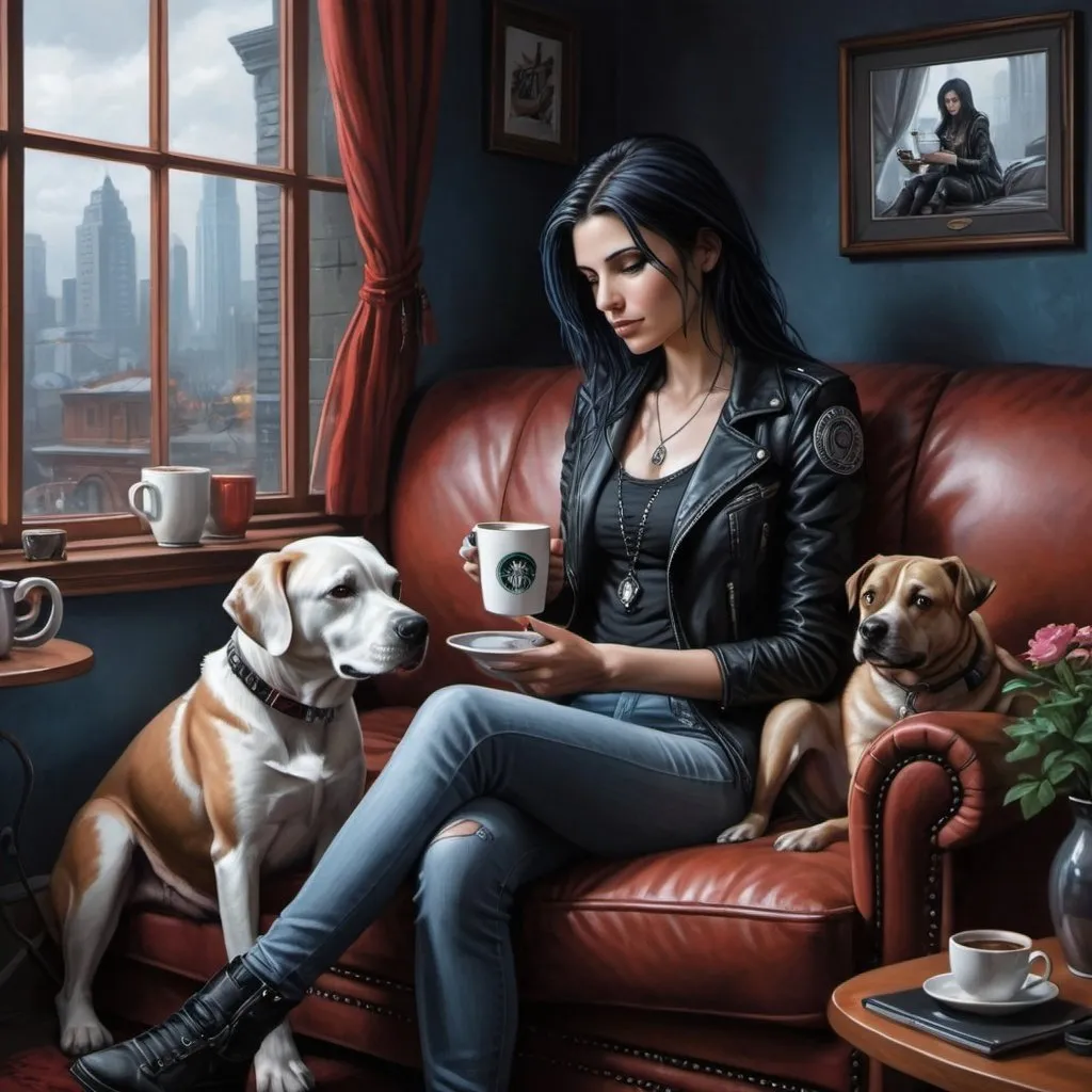 Prompt: a painting of a woman sitting on a couch with a dog and a cup of coffee in front of a window, Anne Stokes, computer art, highly detailed digital painting, cyberpunk art