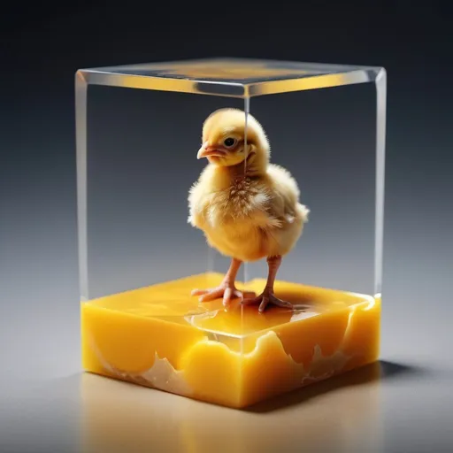 Prompt: a baby chicken in the center of egg yolk inspired resin cube. hyper realistic high definition 4k 8k 16k realism optimal imaging optimal definition.