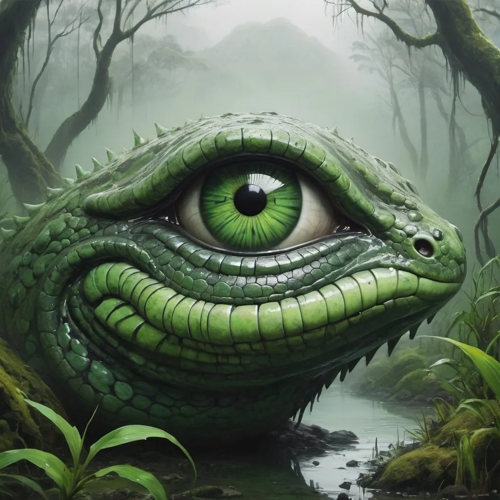 Prompt: Prompt: Taniwha Slimy greenstone eyes. Misty swamp background