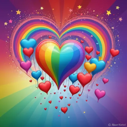 Prompt: a bunch of hearts floating in the air with rainbow lines and stars in the background, and a rainbow colored background, Alison Kinnaird, psychedelic art, love, digital art