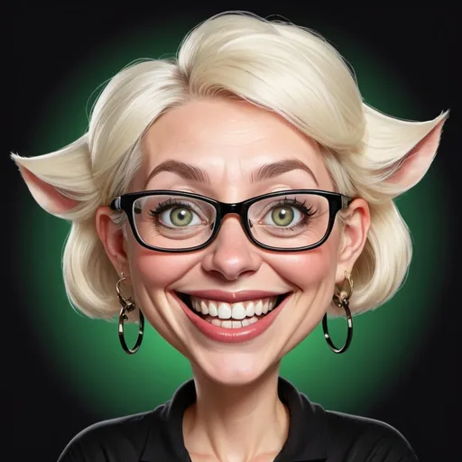 Prompt: Very funny caricature version with exaggerated features of a woman with short white/blonde hair, giant brown/green eyes,  giant ears, a comically large mouth, oversized glasses and a goofy smile..wearing a black top with shiny design, big hoop earrings, and a magical or festive feel with humorous elements and laugh lines around the mouth,