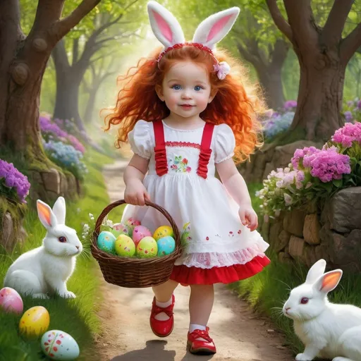 Prompt: pormpt: Create a hyper realistic, whimsical, centered, cute European 2 year old, green eyes, holding an easter basket filled with eggs, long vibrant red curly hair, dressed in bright red and lime green dress with layers of ruffles and lace, matching shoes, hair accesories,prancing down a lane, hiding eggs behind the flowers and trees, background of Fluffy White easter bunny, woods, path and flowers, vibrant colors, vivid details, in the style of Josephine wall.