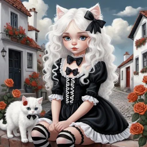 Prompt: Prompt:
Digital painting, airbrushed, whimsical, fantasy depiction of cute girl with long white curly hair, orange cheeks, delicate features, black rose in hair, wearing ruffled lacy black dress with embroidered white roses and white bow, shoes with white laces, black and white striped stockings, posing in cobbled street. A fluffy white cat sits at her feet. Whimsical houses and white and black colored roses lining the street. Puffy clouds in the sky. Colors of red, light blue and white. Detailed image, Diffused light. Soft pastel colors.