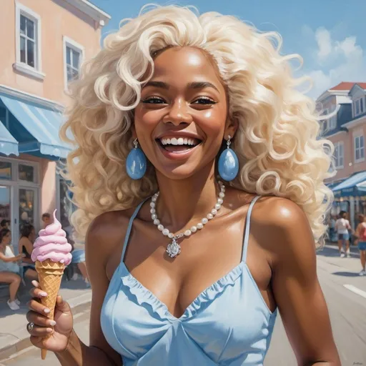 Prompt: Glossy oil painting of a bubbly Afro-European woman with long, flowing platinum blonde hair, embellished with dainty diamond earrings and a pearl necklace. She dons a chic blue sundress with ruffled details and white sneakers, her blue eyes twinkling with joy. This character skips along a sun-kissed boardwalk, her laughter echoing against the backdrop of a bustling seaside town, holding an ice cream cone in one hand.
