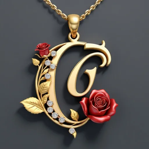 Prompt: Create a gold pendant from the initial "E"in calligraphy, in the initial "E" is sprinkled with some small diamonds, intertwined with a golden rose with a red diamond instead of a flower, the initial is clearly visible, 3D, 48K