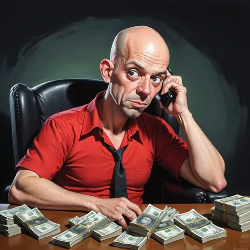 Prompt: whimsical caricature art of a bald man in a red shirt sitting in a black chair with his head turned to the side and his eyes wide open.In front of him is a table with a pile of money on it.  He holds the phone to his ear with one hand, and grabs the money with the other.  He has a greedy expression on his face. Dmitry Levitzky, precisionism, zabrocki, a character portrait