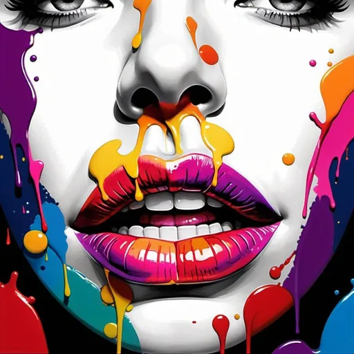 Prompt: Create an image of vibrant, colorful lips, stylized with musical elements. The lips are slightly parted in the center, revealing a hint of teeth. The style is a blend of realism and surrealism, with the lips highly detailed and shaded to convey volume and texture. Both the upper and lower lips have a high gloss, suggesting moisture. The colors of the lips transition smoothly from purple to pink to orange, emulating the look of a colorful gradient. Musical notes and symbols such as treble clefs and eighth notes are intricately intertwined with the lips' lines, some in solid black and others filled with the gradient colors.

The background is stark white but erupts into a myriad of bold, electric colors around the lips, featuring splashes and drips of paint that give the piece a dynamic, street-art feel. These vibrant splatters are in red, blue, green, yellow, and pink, with black accents that enhance their intensity. The lower part of the image has more significant paint drips, elongating towards the bottom.

The artwork emanates energy and rhythm, seemingly translating the music into visual form. The composition is centrally focused on the lips, with the background abstract elements radiating outward, creating a sense of movement. An artist could recreate this by starting with a detailed drawing of realistic lips, then infusing them with the outlined musical symbols, and finally adding the vividly colored paint splatters and drips to complete the composition.