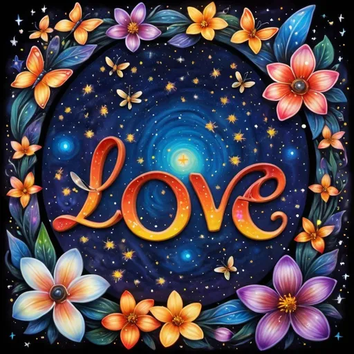 Prompt: Prompt:

Whimsical, airbrush oil ink. Against a background of the starry night sky, there are a few very colorful fireflies. In the center, there is a Infiniti image surrounded by colorful floral designs. The text “LOVE” in a beautiful celestial font is displayed upon the Infiniti image,
3D,HD.